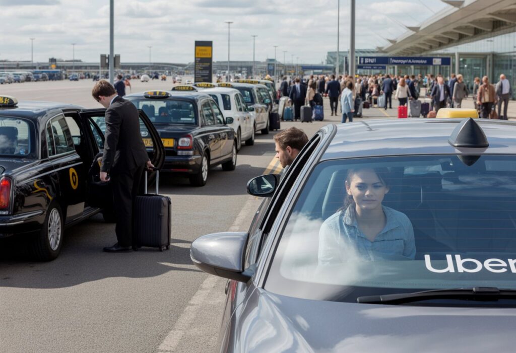 A UK airport scene showing black taxis lined up at the taxi rank and a private car picking up a passenger nearby, with travellers and the airport terminal in the background.