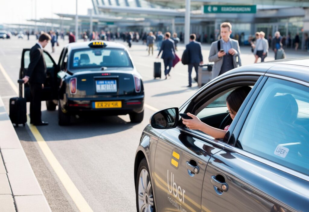 A black London taxi and a modern Uber car at a UK airport drop-off area with passengers and luggage.