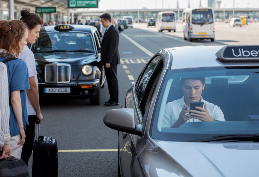 Outside a UK airport, a traditional black taxi and a modern car waiting for passengers, with travellers holding luggage nearby.