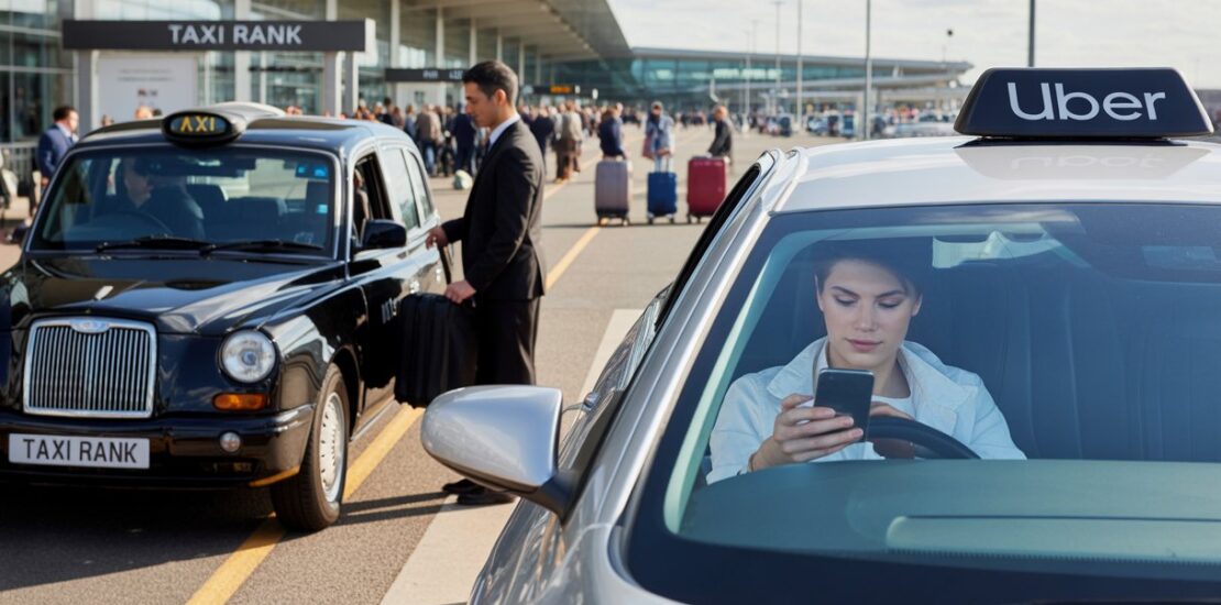 A black London taxi with a driver helping a passenger with luggage at an airport taxi rank, next to a modern car waiting in an Uber pick-up area with a passenger checking their phone.