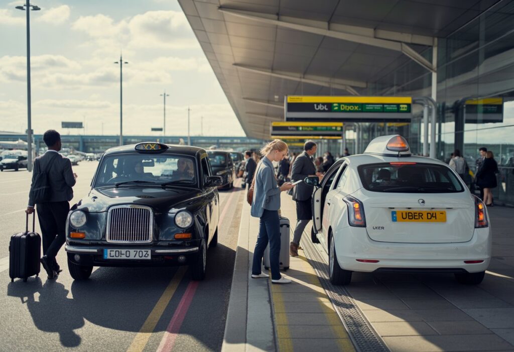 Travellers at a UK airport choosing between a black taxi and an Uber car outside the terminal with luggage.