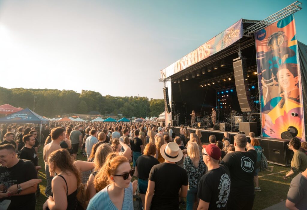 A large crowd enjoying a live outdoor music festival on a sunny day with a decorated stage and festival tents in the background.