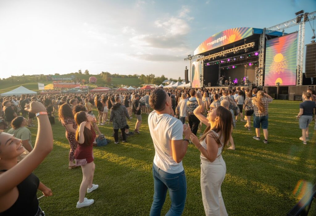 A lively outdoor music festival with a diverse crowd enjoying a live performance on a large stage in a green open field during sunset.