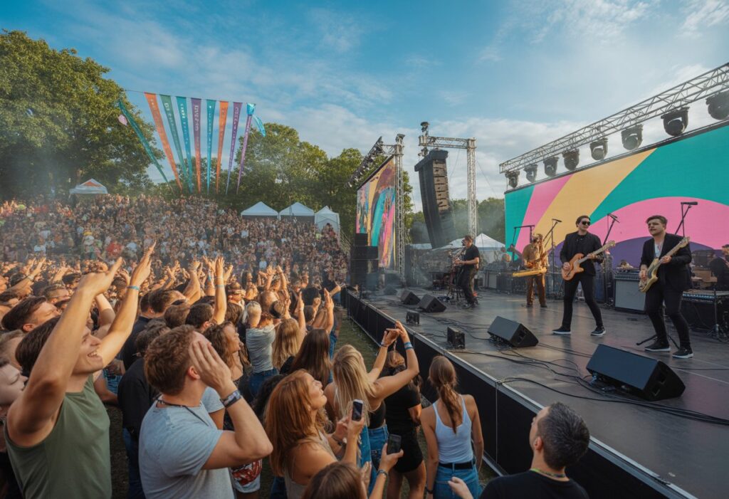 A lively outdoor music festival with a crowd enjoying live performances on a large stage surrounded by trees and clear sky.