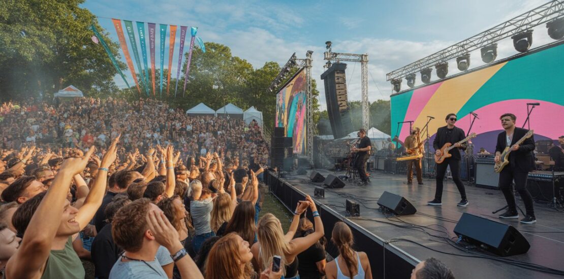 A lively outdoor music festival with a crowd enjoying live performances on a large stage surrounded by trees and clear sky.
