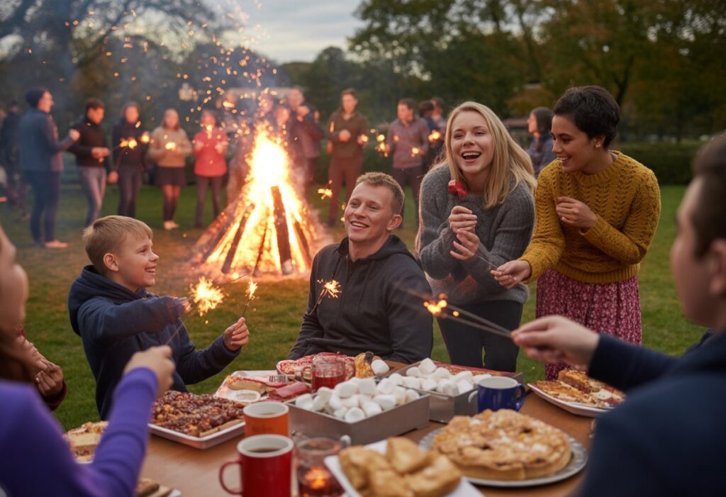 People gathered around a large bonfire in a park at night, enjoying food and drinks with autumn trees in the background.