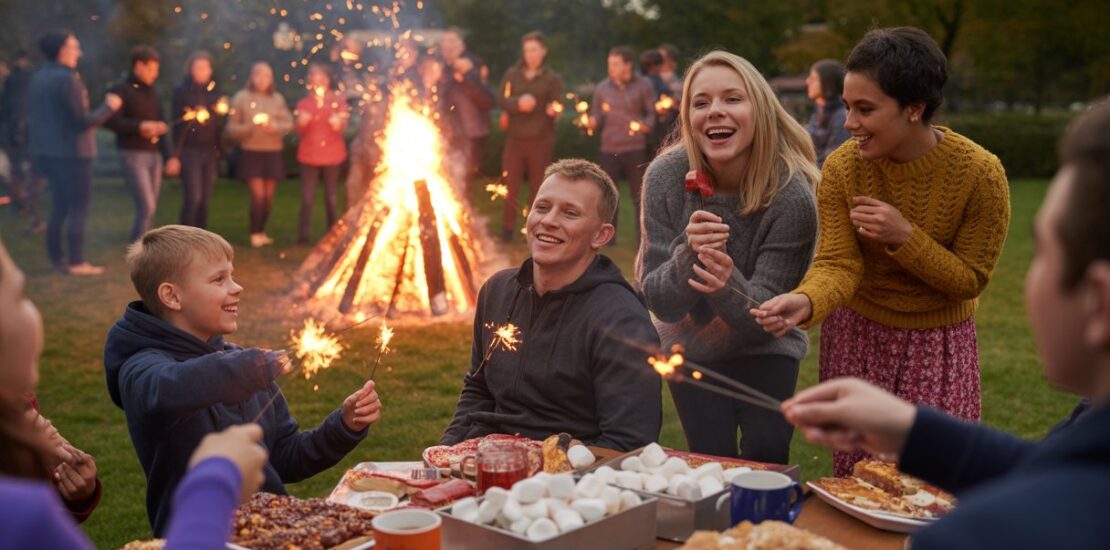 People gathered around a large bonfire in a park at night, enjoying food and drinks with autumn trees in the background.