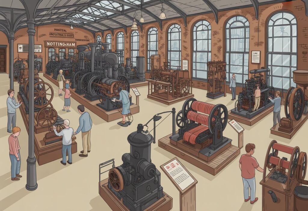 Interior view of Nottingham Industrial Museum with vintage machinery and visitors exploring exhibits.