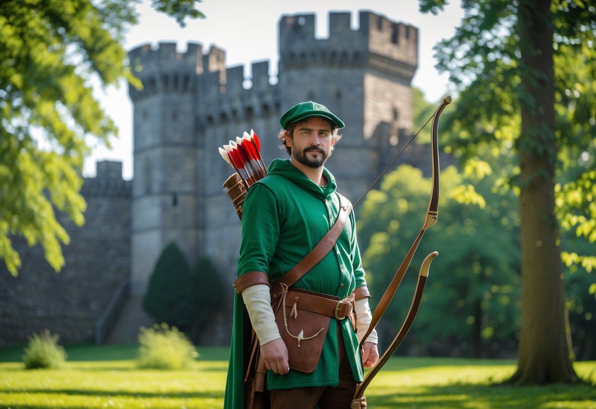 Robin Hood in green clothing holding a longbow standing in front of Nottingham Castle surrounded by trees.