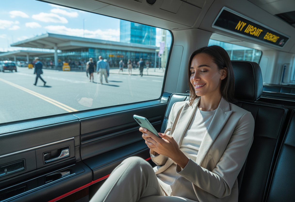 A relaxed traveller sitting inside a modern airport taxi parked outside an airport terminal with Nottingham city visible in the background.