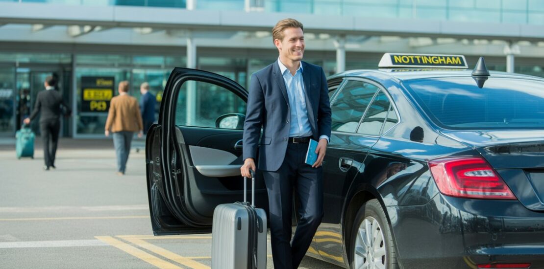 A business traveller steps out of a black airport taxi outside Nottingham airport, holding a suitcase and smiling with the airport terminal in the background.