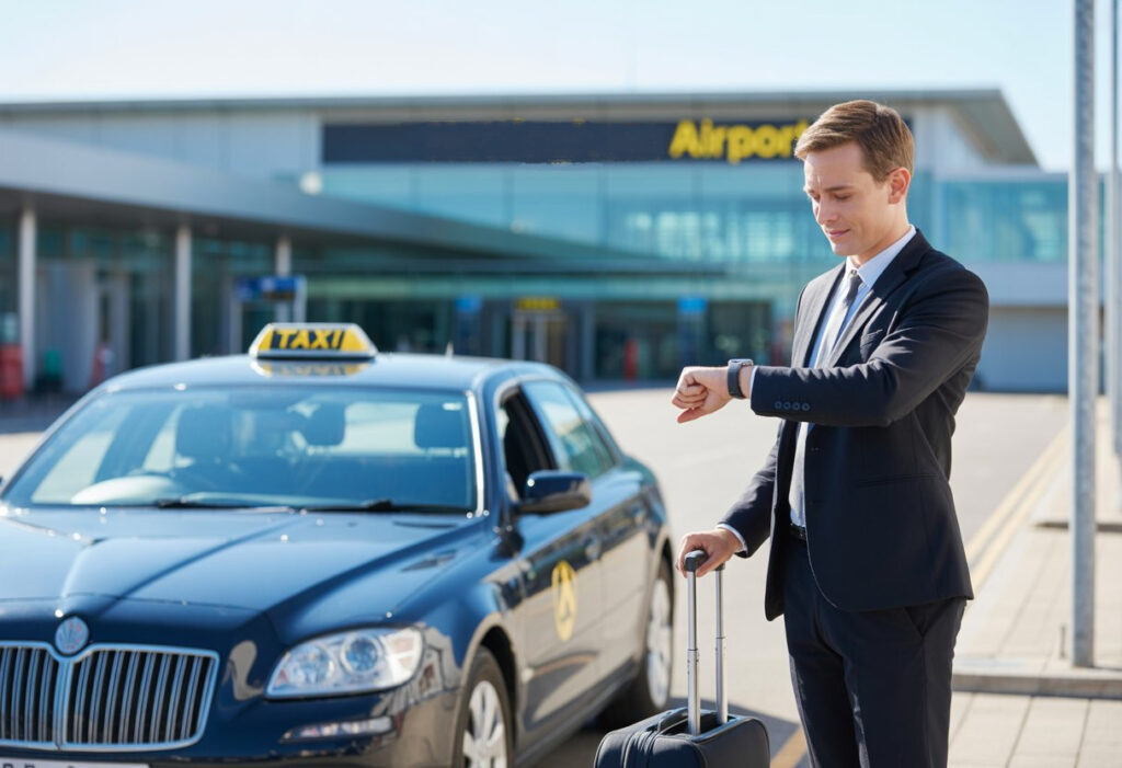 A business traveller outside Nottingham Airport checking their watch next to a waiting taxi during daytime.