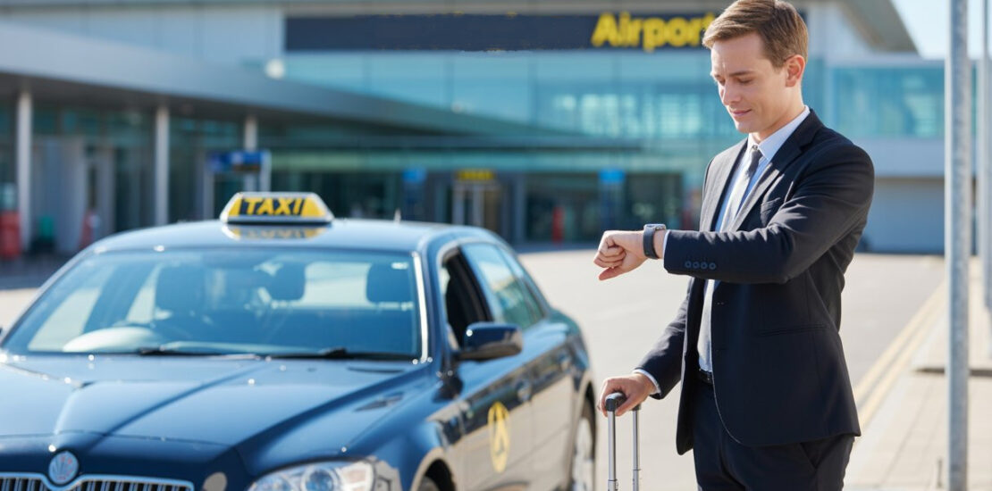 A business traveller outside Nottingham Airport checking their watch next to a waiting taxi during daytime.
