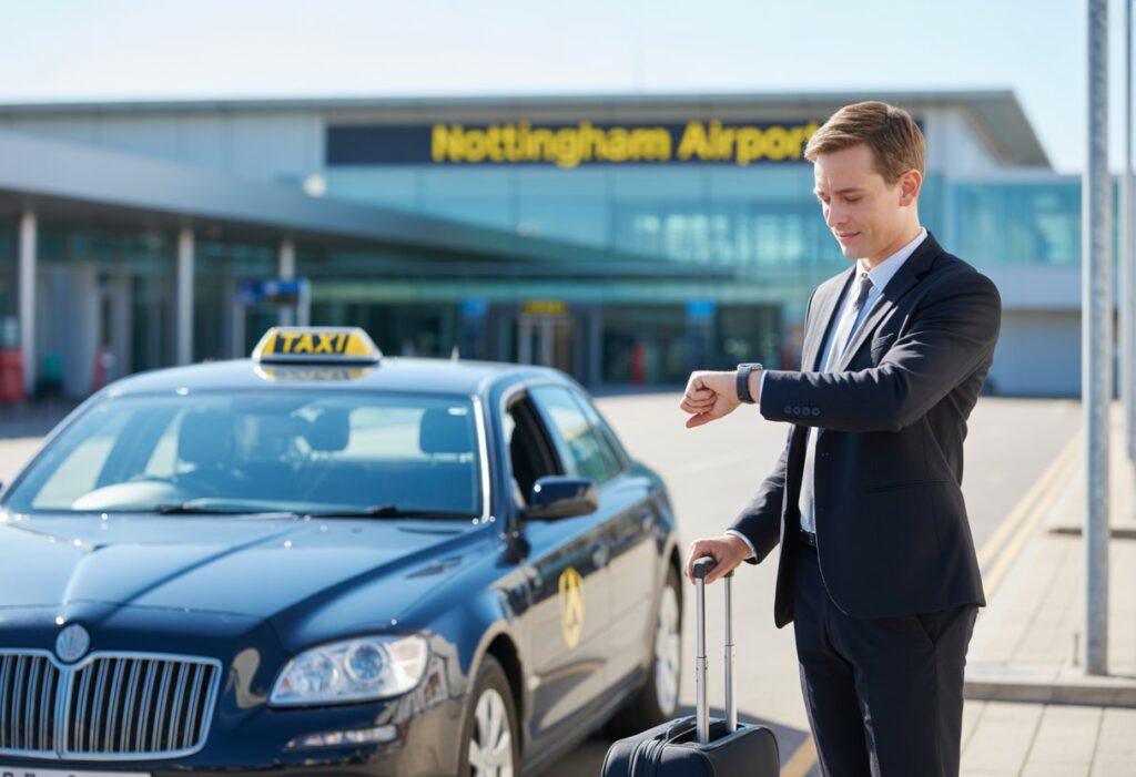 A business traveller outside Nottingham Airport checking their watch next to a waiting taxi during daytime.