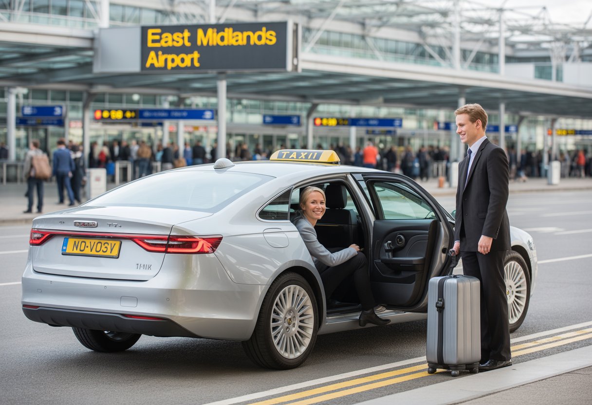 A taxi driver opening the door of a taxi for a passenger with luggage outside an airport terminal.
