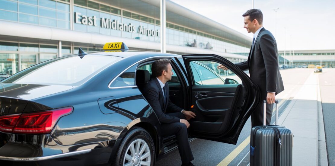 A professional taxi parked outside an airport terminal with a driver opening the door for a passenger with luggage.