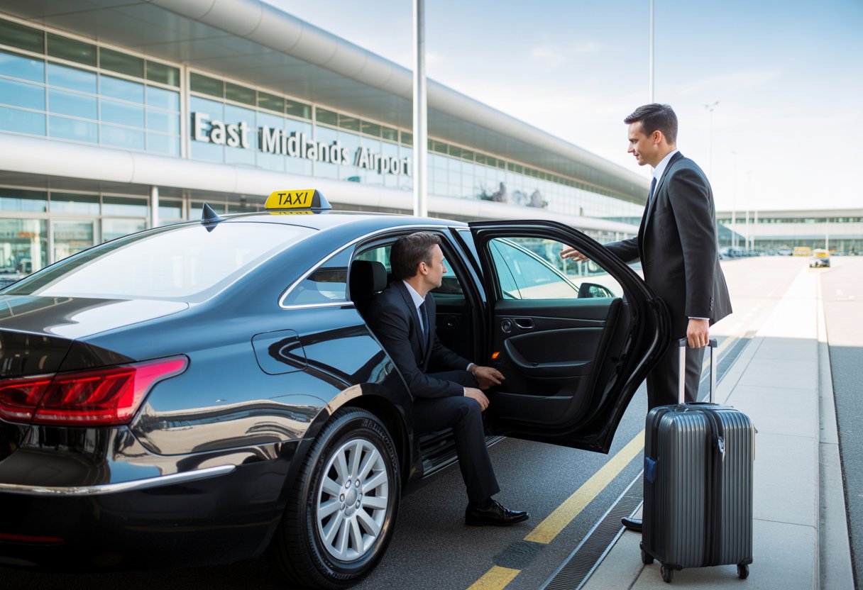 A professional taxi parked outside an airport terminal with a driver opening the door for a passenger with luggage.