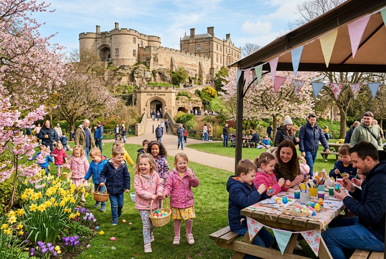 Families and children enjoying Easter activities in a sunny Nottingham park with historic buildings in the background.