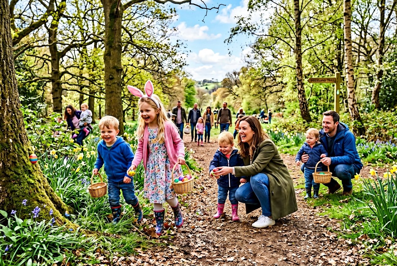 A family enjoying an Easter egg hunt in a green park with children searching for eggs among grass and flowers along a woodland trail.