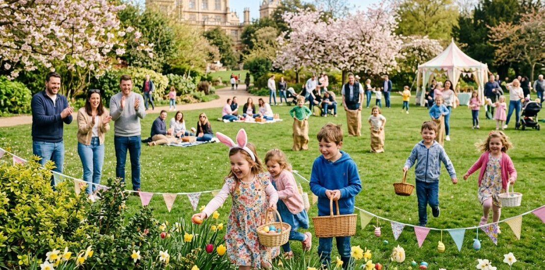 Families and children enjoying an Easter egg hunt and spring activities in a sunny park with green grass and blossoming trees.