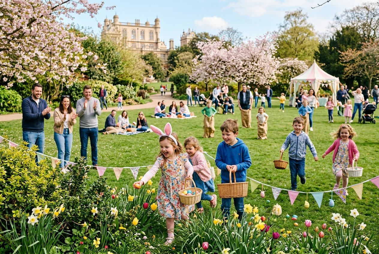 Families and children enjoying an Easter egg hunt and spring activities in a sunny park with green grass and blossoming trees.