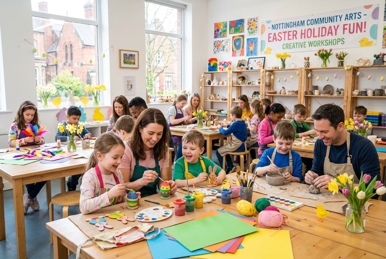 Children and adults enjoying arts and crafts activities together in a bright workshop filled with colourful art supplies and Easter decorations.