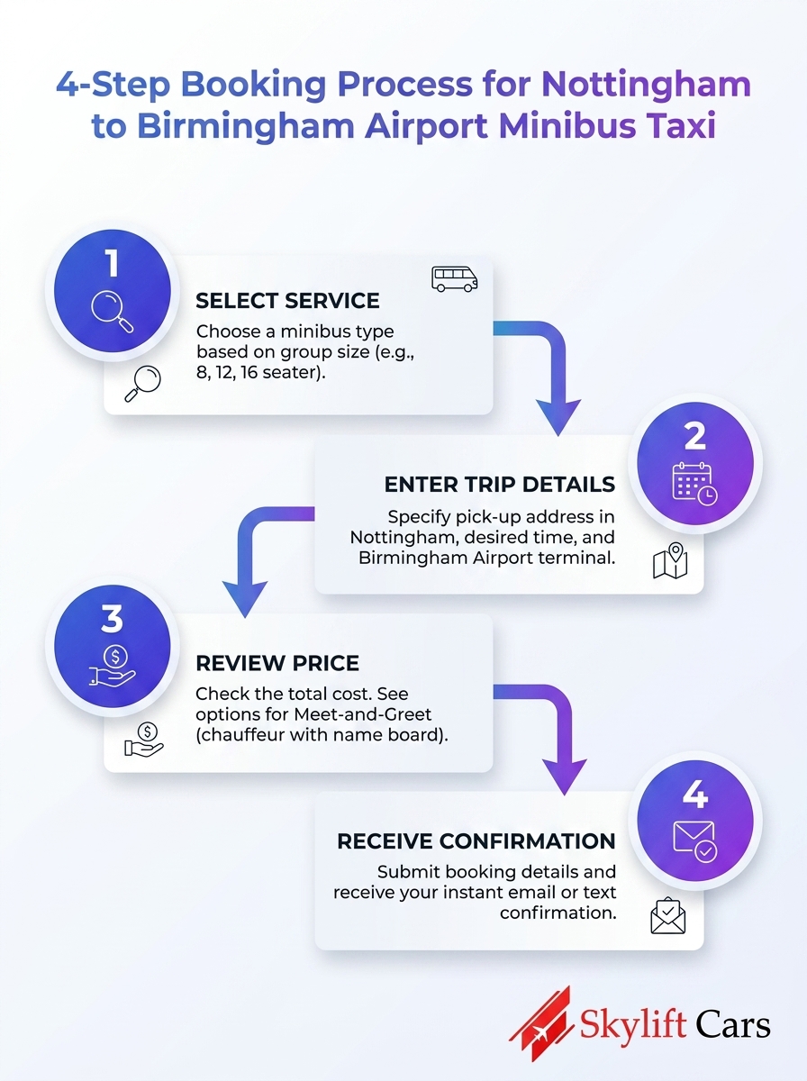 Nottingham minibus Taxi To Birmingham Airport: 4-step booking process infographic.