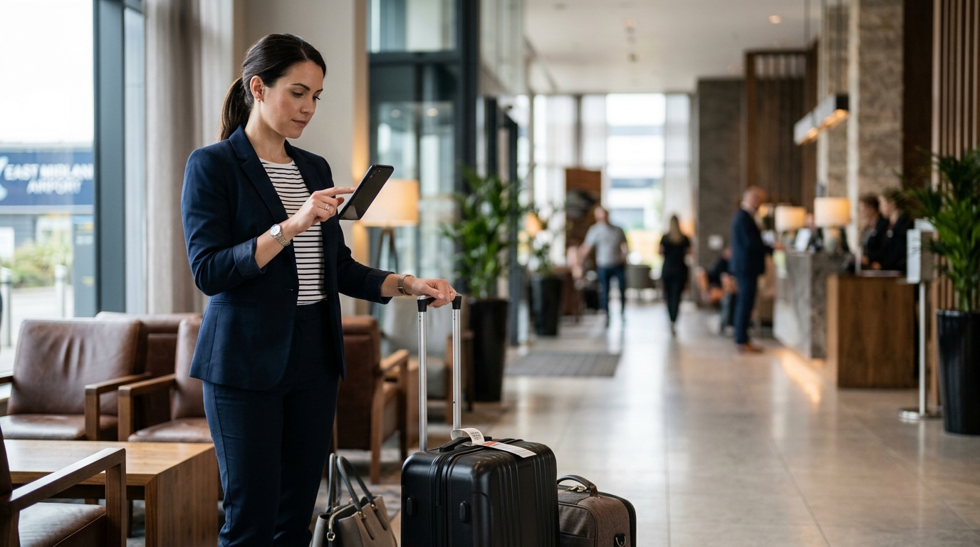 Woman in East Midlands Airport departure lounge