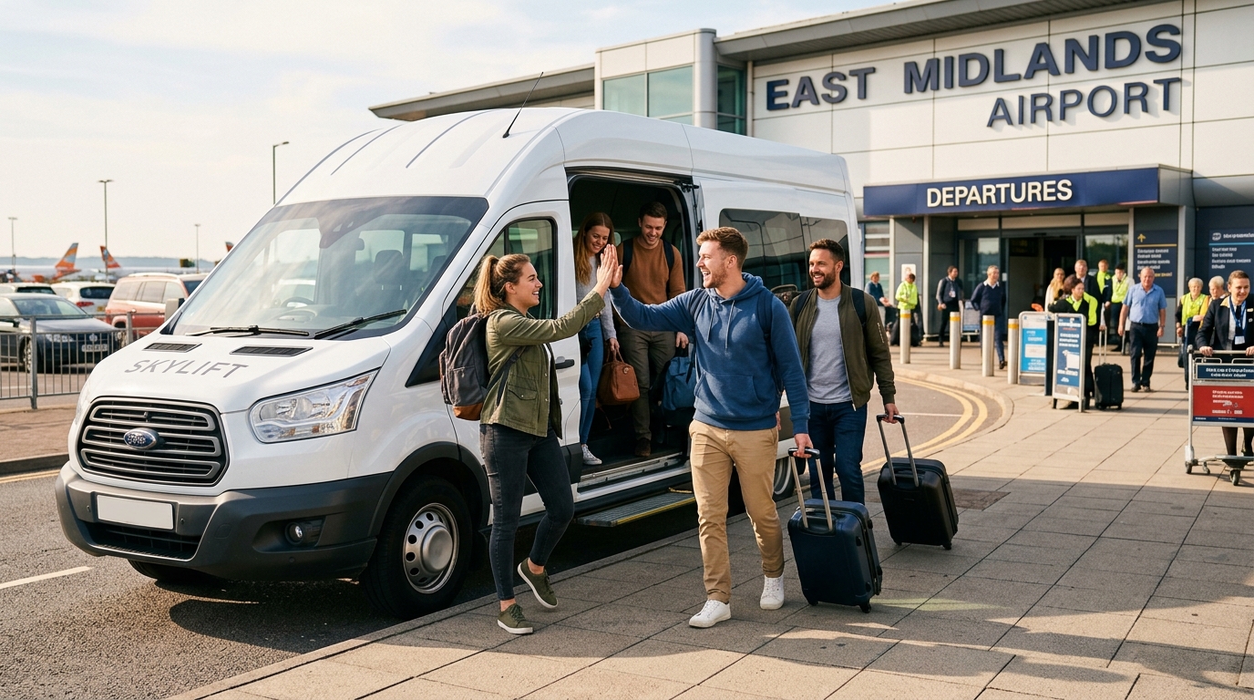 A group of people arriving at EMA by minibus