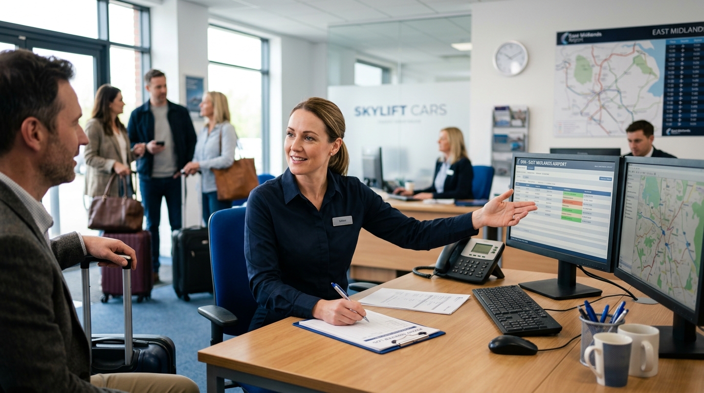 Member of staff helping a customer with a booking
