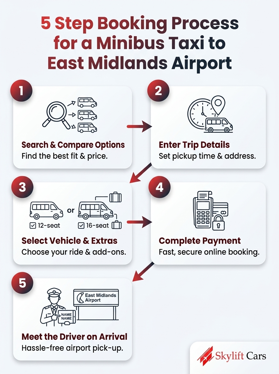 Infographic outlining the 5-step booking process for a minibus taxi to East Midlands Airport