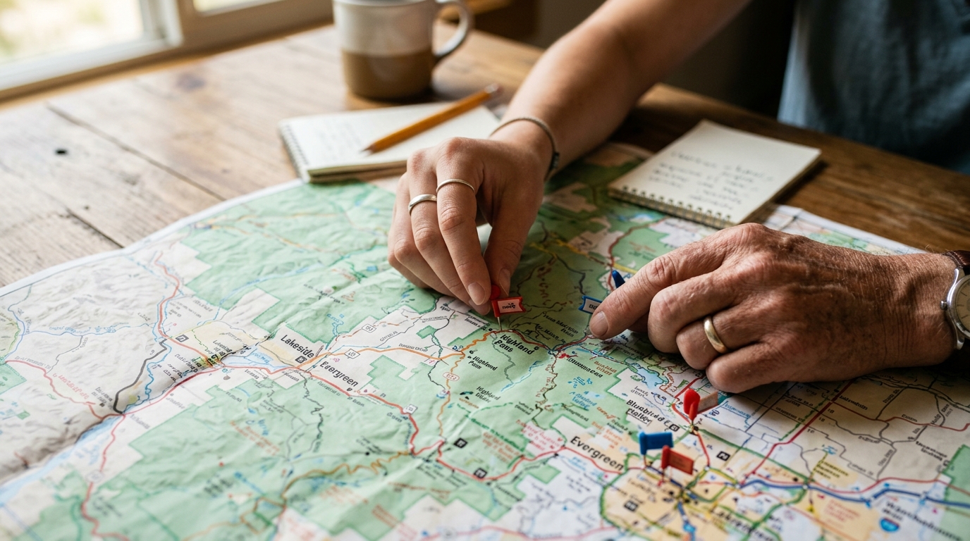 Two people marking points on a map ready for a road trip