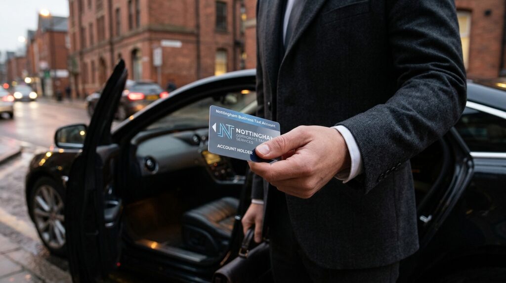 Man holding Business Taxi Account card