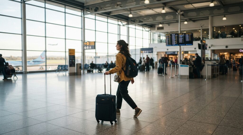 A student walking through Birmingham airport